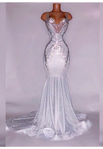 Silver Satin Beaded Mermaid Prom Dresses front view
