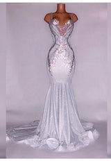 Silver Satin Beaded Mermaid Prom Dresses front view