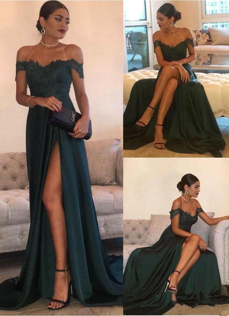 2027 Siren Princess/A-Line Satin Off The Shoulder Side Slit Dark Green Prom Dresses back view