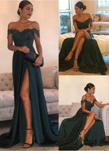 2027 Siren Princess/A-Line Satin Off The Shoulder Side Slit Dark Green Prom Dresses back view