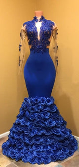 Mermaid Long Prom Dresses Royal Blue High Neck See Through Long Sleeve African Prom Dresses with Flowers front view