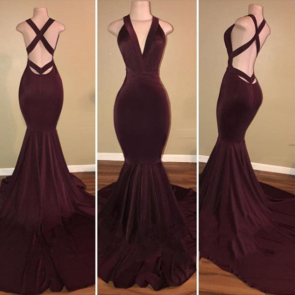 Grape Mermaid Back Criss Cross Halter Velvet Long African Ladies Prom Dresses front view
