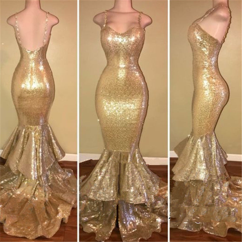 Gold Sequence Spaghetti Straps Sweetheart Ruffles Long Mermaid Prom Dresses front view