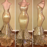 Gold Sequence Spaghetti Straps Sweetheart Ruffles Long Mermaid Prom Dresses front view