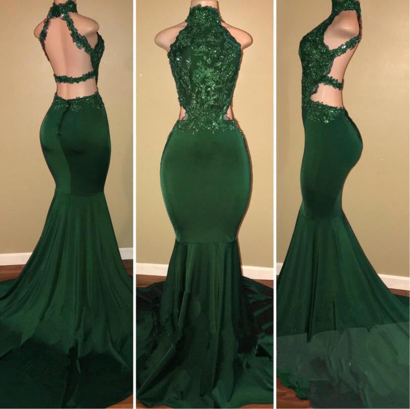 High Neck Green Backless Mermaid Elastic Satin Appliques Long African Prom Dresses front view