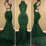 High Neck Green Backless Mermaid Elastic Satin Appliques Long African Prom Dresses front view