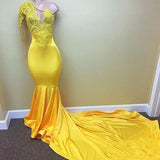 One Shoulder Yellow See Through Mermaid Long Prom Dresses front view