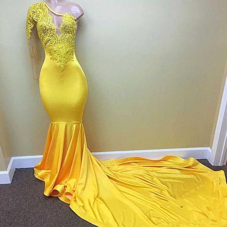 One Shoulder Yellow See Through Mermaid Long Prom Dresses front view