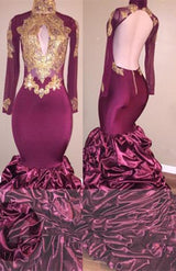 Mermaid African Burgundy With Gold Appliques Ruffles Long Sleeves Backless Prom Dresses front view