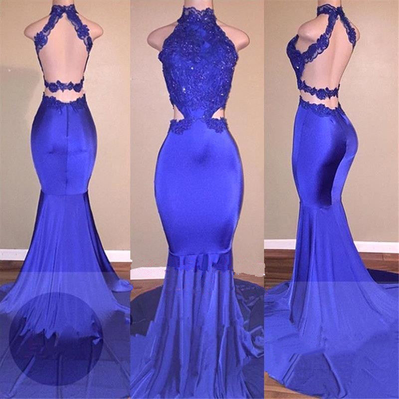 Mermaid Royal Blue Backless With Appliques High Neck Long Prom Dresses front view