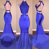 Mermaid Royal Blue Backless With Appliques High Neck Long Prom Dresses front view