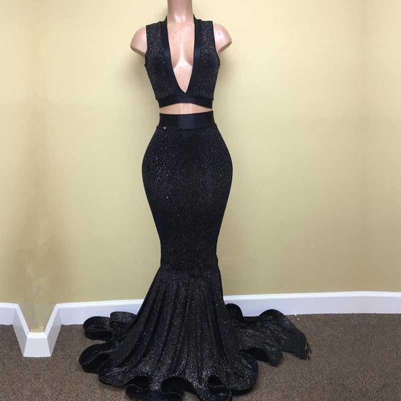 Mermaid Black V Neck Two Pieces Sequence Long Prom Dresses front view
