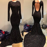Shiny Black Mermaid Long Sleeves Neck Backless Long Sequence Prom Dresses front view
