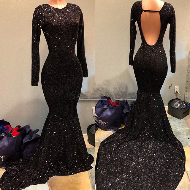 Shiny Black Mermaid Long Sleeves Neck Backless Long Sequence Prom Dresses front view