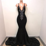 Mermaid Black Deep V Neck With Beaded Backless Long Prom Dresses front view