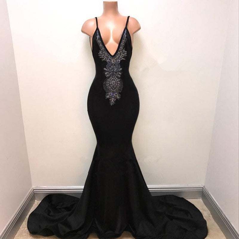 Mermaid Black Deep V Neck With Beaded Backless Long Prom Dresses front view