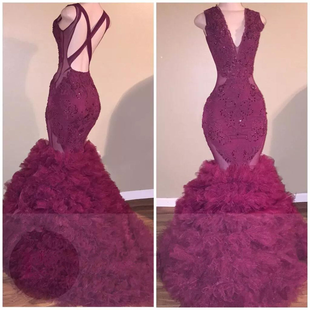 Mermaid Burgundy Backless Pleated V Neck Criss Cross Prom Dresses front view