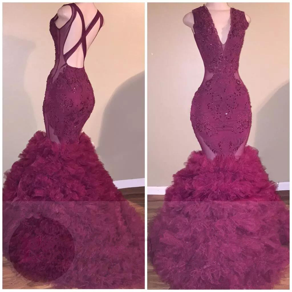 Mermaid Burgundy Backless Pleated V Neck Criss Cross Prom Dresses front view