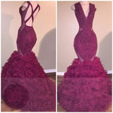Mermaid Burgundy Backless Pleated V Neck Criss Cross Prom Dresses front view