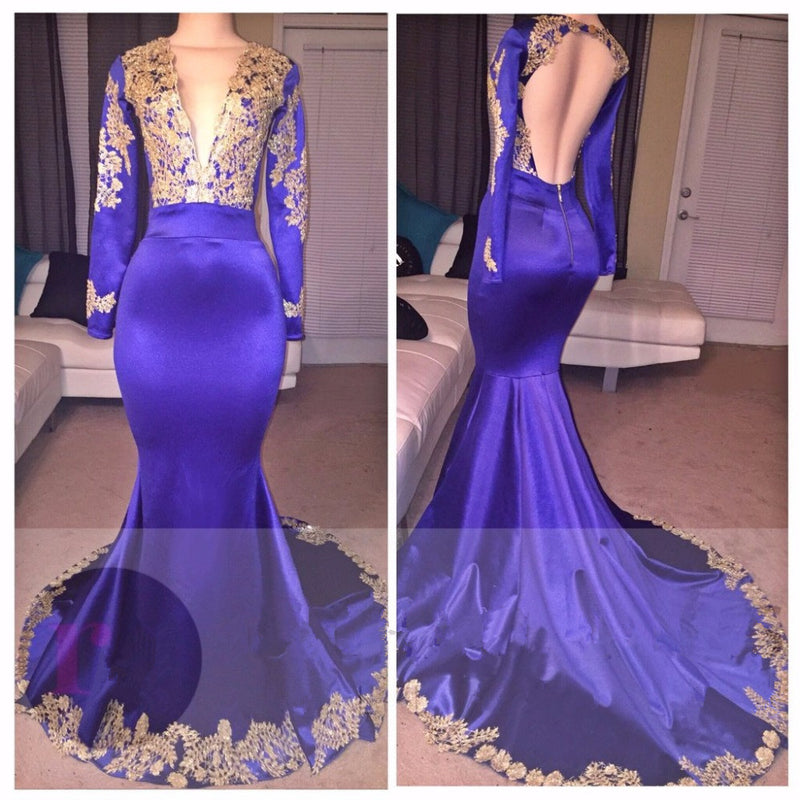 Mermaid Long Sleeves Royal Blue With Gold Appliques V Neck Backless Long Prom Dresses front view