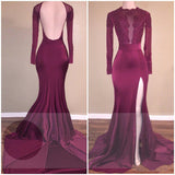 Long Sleeves Side Slit Backless Burgundy Elastic Satin Long Prom Dresses With Appliques front view