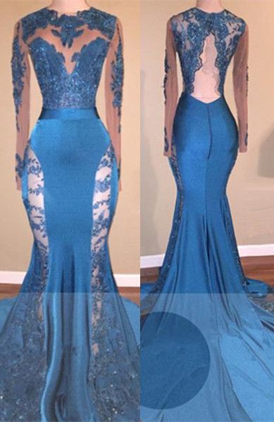 Mermaid Blue Lace Backless Long Sleeves Long Prom Dresses front view