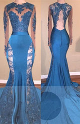 Mermaid Blue Lace Backless Long Sleeves Long Prom Dresses front view
