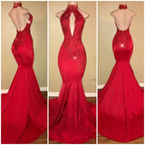 Mermaid Red High Neck Backless African Open Front Long Prom Dresses front view