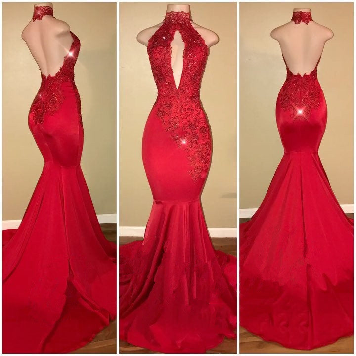 Mermaid Red High Neck Backless African Open Front Long Prom Dresses front view