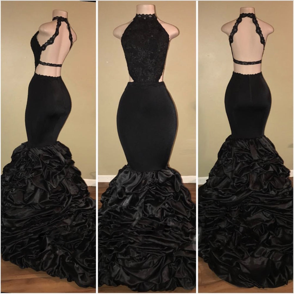 Black Backless Mermaid Ruffles Tiered African Long Lace Prom Dresses 2027 front view
