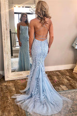 2027 Sheath Light Sky Blue and Appliques Lace Up Back Backless Tulle Long Prom Dresses back view