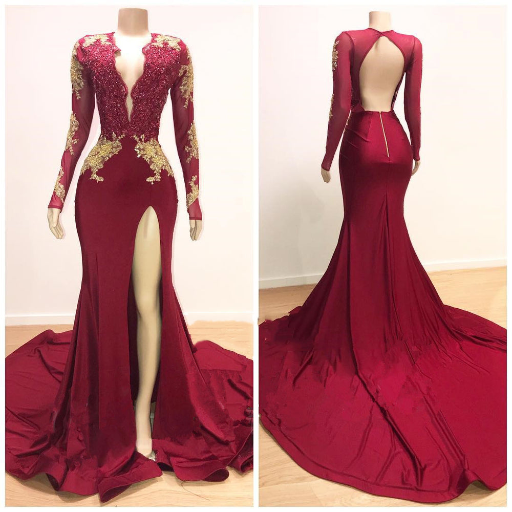 2027 Long Sleeves Burgundy Appliques Side Slit V Neck African American Backless Prom Dresses front view