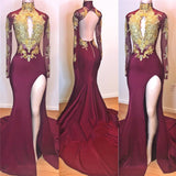 2027 Burgundy and Gold Appliques Long Sleeves High Neck Side Slit African American Prom Dresses front view