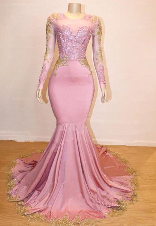 Mermaid Long Sleeves Blushing Pink Sweetheart African American Long Prom Dresses 2027 back view