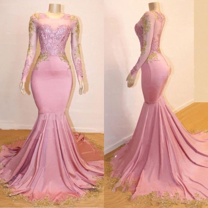 Mermaid Long Sleeves Blushing Pink Sweetheart African American Long Prom Dresses 2027 front view