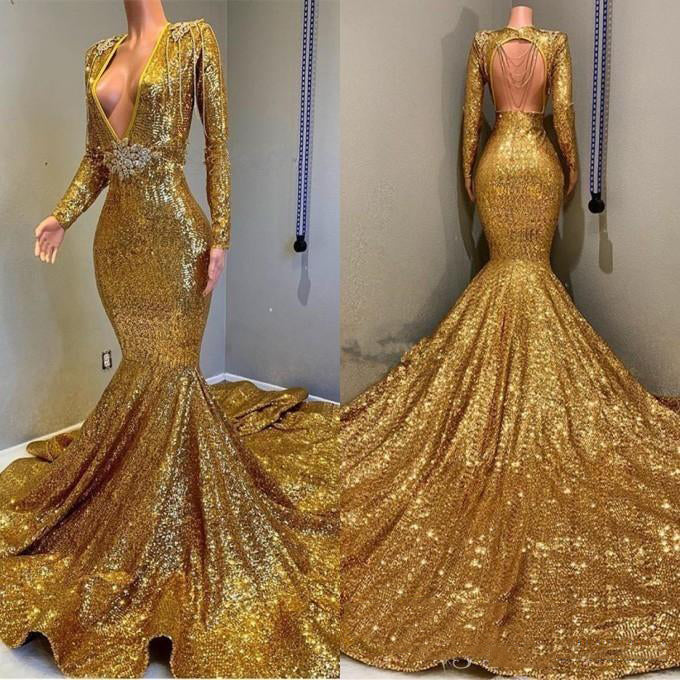 2027 Mermaid Gold V Neck Backless Long Sleeves Sequence African American Prom Dresses side view