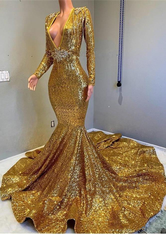 2027 Mermaid Gold V Neck Backless Long Sleeves Sequence African American Prom Dresses front view