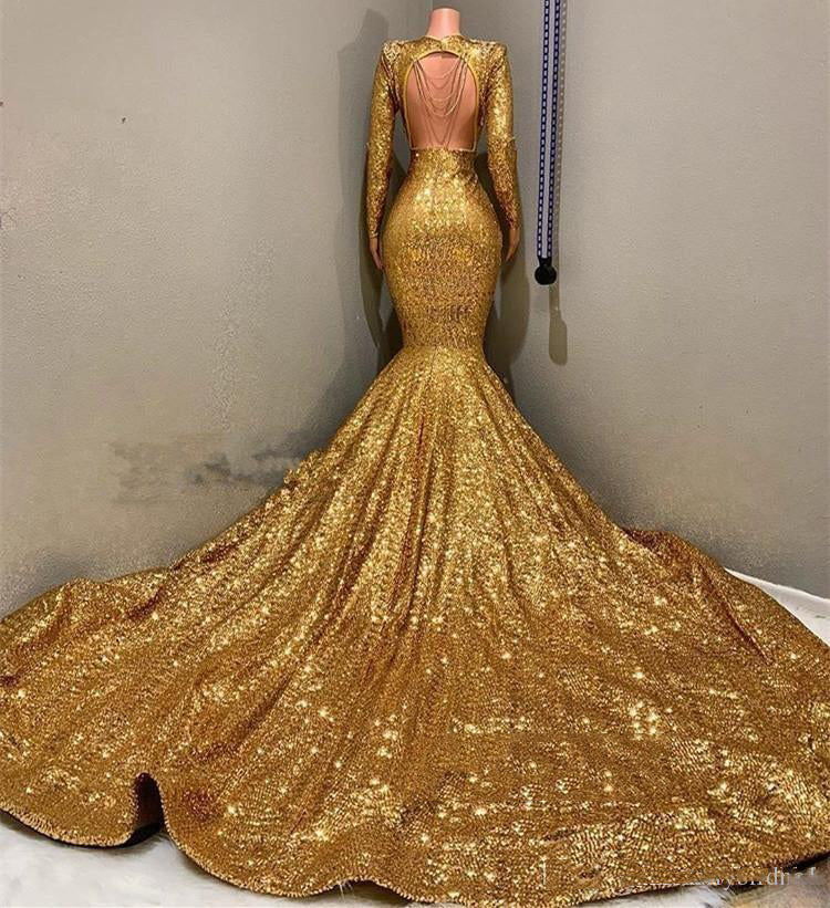 2027 Mermaid Gold V Neck Backless Long Sleeves Sequence African American Prom Dresses back view