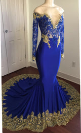 2027 Mermaid Royal Blue And Gold Appliques Long Sleeves V Neck Off Shoulder Prom Dress front view
