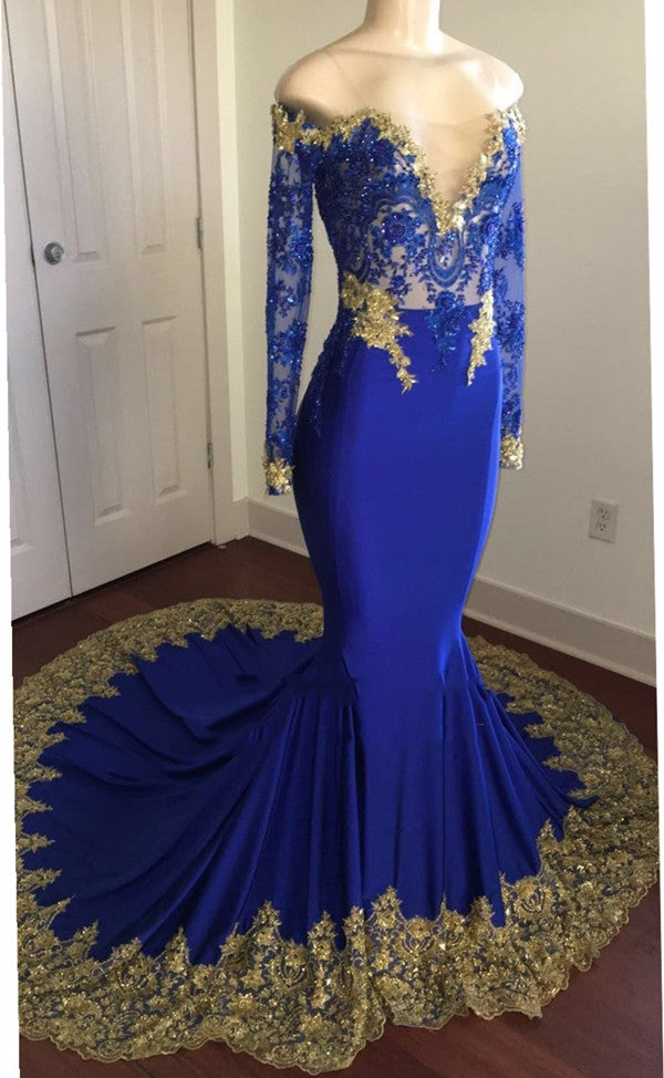 2027 Mermaid Royal Blue And Gold Appliques Long Sleeves V Neck Off Shoulder Prom Dress front view