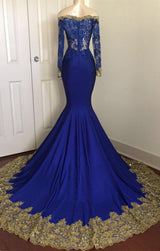 2027 Mermaid Royal Blue And Gold Appliques Long Sleeves V Neck Off Shoulder Prom Dress back view