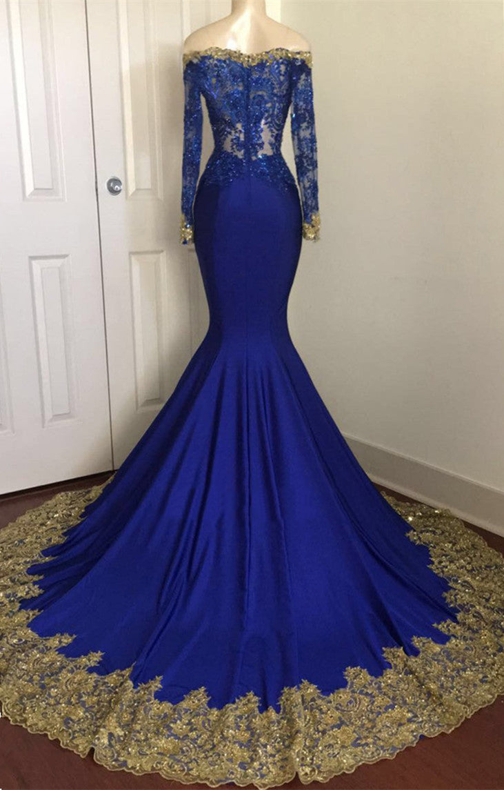 2027 Mermaid Royal Blue And Gold Appliques Long Sleeves V Neck Off Shoulder Prom Dress back view