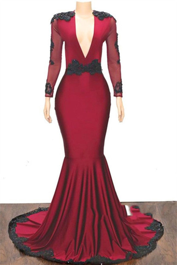 2027 Mermaid V Neck Long Sleeve Applique Beaded Backless Satin Prom Dresses front view