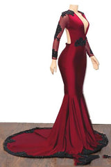 2027 Mermaid V Neck Long Sleeve Applique Beaded Backless Satin Prom Dresses back view