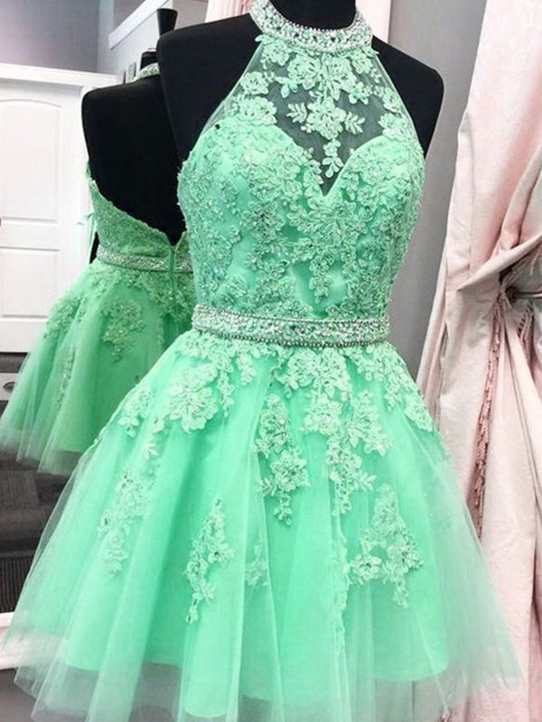 2027 Ball Gown Halter Sleeveless Applique Beaded Tulle Cut Short/Mini Homecoming Dresses front view