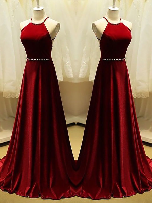 2027 A-Line Prom Dresses Burgundy Halter Pearls Straps Backless Satin Pleated front view