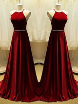 2027 A-Line Prom Dresses Burgundy Halter Pearls Straps Backless Satin Pleated front view