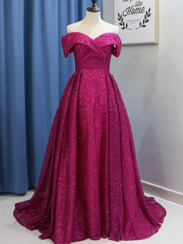 2027 Prom Dresses Fuchsia A-Line Off The Shoulder Sweetheart Sequins Sparkle front view