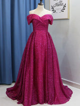 2027 Prom Dresses Fuchsia A-Line Off The Shoulder Sweetheart Sequins Sparkle front view