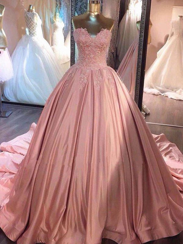 2027 Satin Prom Dresses Appliques Strapless Sweetheart Pink Ball Gown Pleated front view